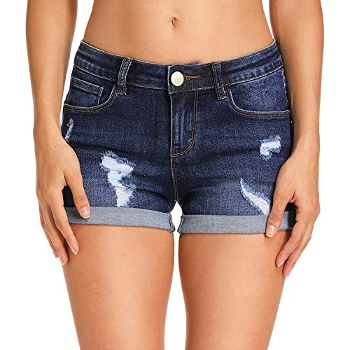 Hocaies, Jeanshose für Damen, mittelhoch, mit gefaltetem Saum, Denim-Shorts für Frauen - Blau - 36 von Hocaies