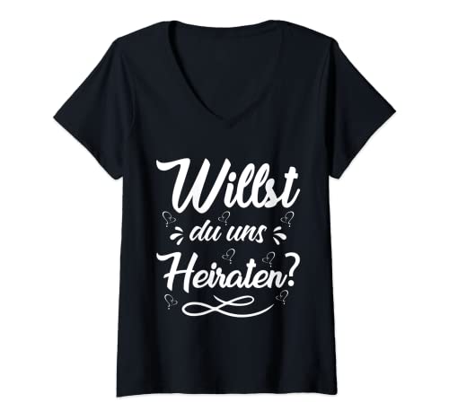 Damen Willst du uns heiraten T-Shirt mit V-Ausschnitt Damen Willst du uns heiraten T-Shirt mit V-Ausschnitt von Hochzeitsantrag Heiratsantrag mit Kind