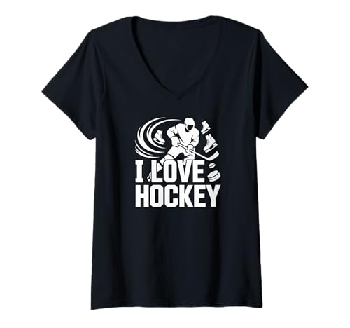 Damen Puck-Slogan „Ich Liebe Eishockeyschlittschuhe“ T-Shirt mit V-Ausschnitt Damen Puck-Slogan „Ich Liebe Eishockeyschlittschuhe“ T-Shirt mit V-Ausschnitt von Hockey Enthusiasts Passion Play Ice Action