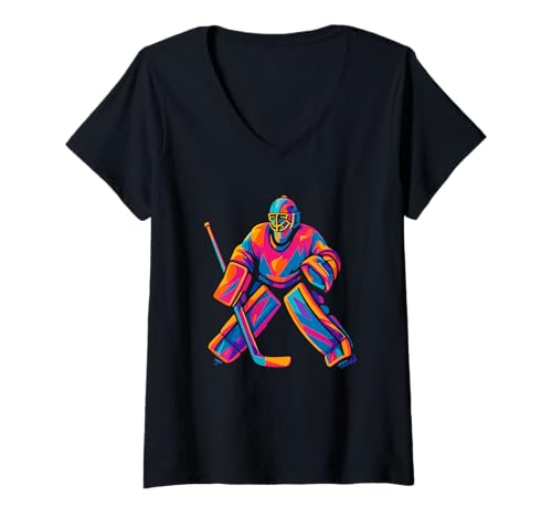 Damen Bold Streetwear Colorful Hockeyspieler Torwart T-Shirt mit V-Ausschnitt Damen Bold Streetwear Colorful Hockeyspieler Torwart T-Shirt mit V-Ausschnitt von Hockey Fan and Player Apparel