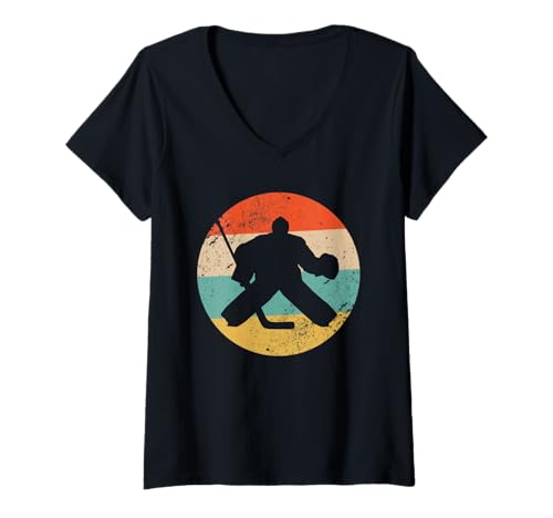 Damen Hockey Torwart Silhouette Retro Vintage Distressed T-Shirt mit V-Ausschnitt Damen Hockey Torwart Silhouette Retro Vintage Distressed T-Shirt mit V-Ausschnitt von Hockey Fanatics Apparel