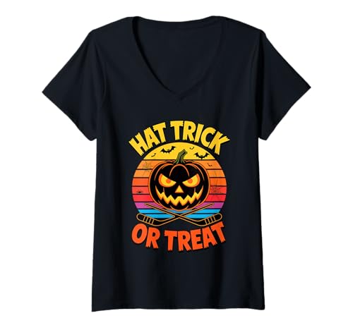 Damen Halloween Hat Trick Or Treat Eishockey Kürbislaterne T-Shirt mit V-Ausschnitt von Hockey Gift For A Hockey Fan