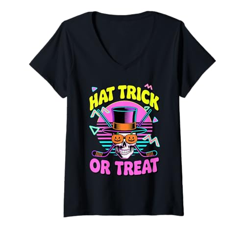 Damen Halloween Hat Trick Or Treat Eishockey Schädel T-Shirt mit V-Ausschnitt von Hockey Gift For A Hockey Fan