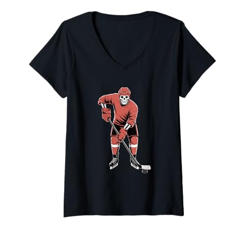 Damen Halloween Skelett Eishockey T-Shirt mit V-Ausschnitt von Hockey Gift For A Hockey Fan