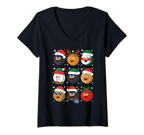 Damen Weihnachten Eishockey Puck Weihnachtsmann Mütze T-Shirt mit V-Ausschnitt von Hockey Gift For A Hockey Fan