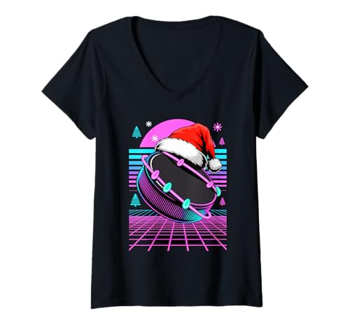 Damen Weihnachten Synthwave Eishockey Puck Weihnachtsmannmütze T-Shirt mit V-Ausschnitt von Hockey Gift For A Hockey Fan