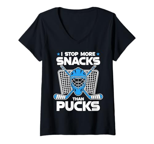Damen Goalie I Stop More Snacks Than Pucks Eishockey T-Shirt mit V-Ausschnitt Damen Goalie I Stop More Snacks Than Pucks Eishockey T-Shirt mit V-Ausschnitt von Hockey Goalie Snack Stopper Fan Crew