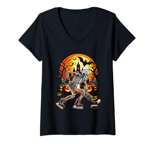 Damen Ice Hockey Player Sports Lover Costume Halloween Skeleton T-Shirt mit V-Ausschnitt von Hockey Halloween Costume