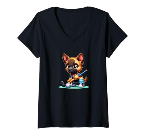 Damen Deutscher Schäferhund Hockey Welpe Feldhockey Spass T-Shirt mit V-Ausschnitt von Hockey Hund Deutscher Schäferhund Welpe