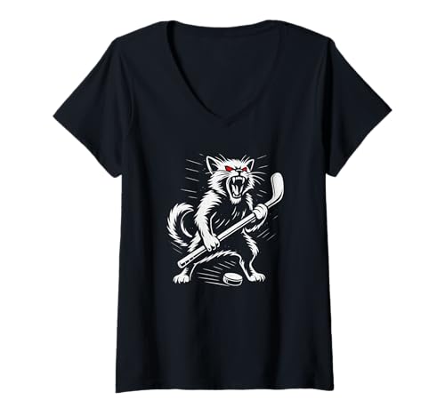 Damen Angry Cat Eishockeyspieler-Design, Geschenk für Männer, Frauen, Kinder T-Shirt mit V-Ausschnitt Damen Angry Cat Eishockeyspieler-Design, Geschenk für Männer, Frauen, Kinder T-Shirt mit V-Ausschnitt von Hockey Lover Team Coach Birthday Present Graphic