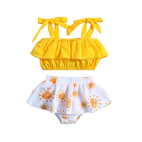 Badeanzug für Babys, Mädchen, Bikini-Set, bedruckt, Sonnenuntergang, Crop-Top, mit Trägern und Rüschen, 2-teiliges Set, Sommerkostüm für Schwimmen, Strand, Pool, Urlaub, gelb, 68 von HodJIU