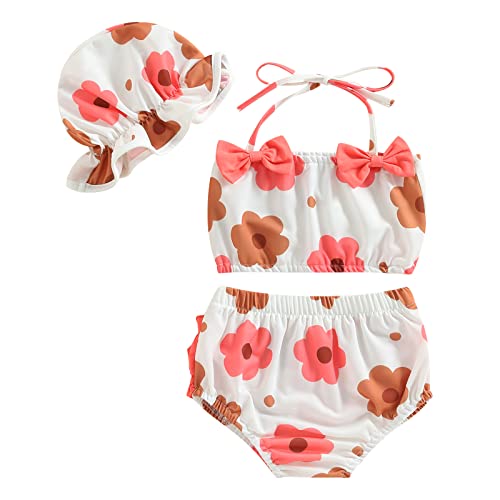 Badeanzug für Neugeborene, Baby, Mädchen, 3-teilig, bedruckt, Früchte, Blumen, Oberteil mit Trägern + Badehose mit Rüschen + Sonnenhut, weiß, 0 Monate von HodJIU