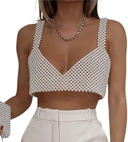 Crop Top Sexy Damen Ärmellos Tank Top Dekoration Perle Weste Ohne Rücken Chic Cami Top Sexy Perlen für Party Strand Clubbin, Stil B, One size von HodJIU