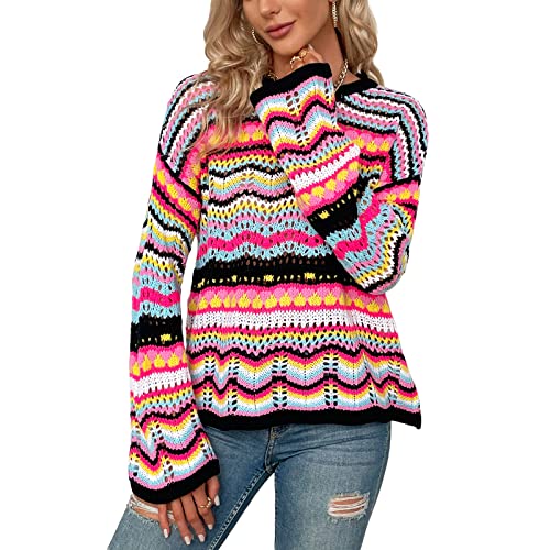 Damen Langarm Pullover Casual Lose Gestreifte Pullover Rundhals Aushöhlen Strickpullover Bluse Tops Damen Strickwaren, Schwarz , M von HodJIU