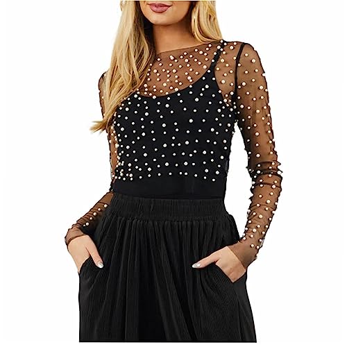 Damen-Top, Netzstoff, transparent, mit Strass, Oberteil aus Netz, Pailletten, T-Shirt, Langarm, Fischnetz, Crop, Top, Bluse mit Pailletten, für Party, Club, Strand, Perlschwarz, Large von HodJIU