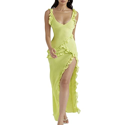 Damen Y2k Spaghettiträger Rüschen Langes Kleid Ärmellos V-Ausschnitt Split Bodycon Maxi Kleider, Gelb-D, L von HodJIU