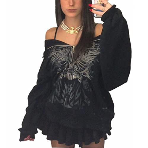 Damen Zip Up Hoodie Y2k Vintage Grafik Oversized Casual Langarm Kapuzenpullover Sweatshirt Jacke Gothic E-Girl Harajuku 90er Jahre Mantel Streetwear, Schwarz , 38 von HodJIU