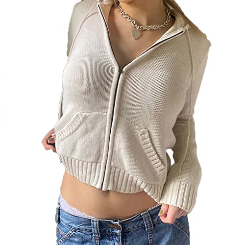 Damen Zip Up Knit Cropped Hoodie Cardigan Y2k Langarm Kapuzenpullover Sweatshirt Herbst Winter Pullover Jacke mit Taschen, weiß, 36 von HodJIU