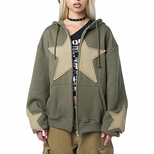 Frauen Y2K Zip Up Hoodie Star Print Übergroße Sweatshirts Fairy Grunge Grafik Kapuzenjacke Harajuku Ästhetische E-Girls Streetwear, B-grün, 36 von HodJIU