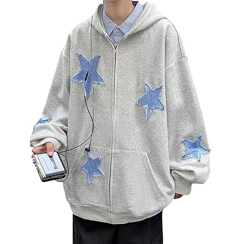 Frauen Y2K Zip Up Hoodie Star Print Übergroße Sweatshirts Fairy Grunge Grafik Kapuzenjacke Harajuku Ästhetische E-Girls Streetwear, grau, 36 von HodJIU