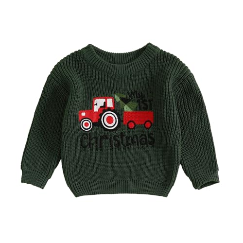 HodJIU Baby Jungen Mädchen Weihnachtspullover Langarm Strickpullover Pullover Neugeborene My First Christmas Outfits Winter Strickwaren Xmas Top, Grüner Traktor, 74 von HodJIU