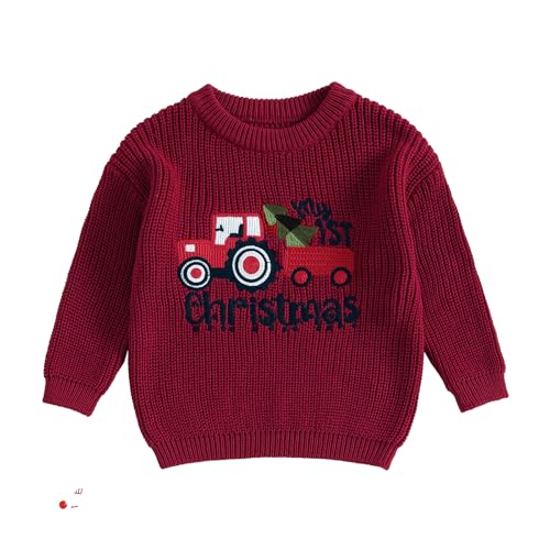HodJIU Baby Jungen Mädchen Weihnachtspullover Langarm Strickpullover Pullover Neugeborene My First Christmas Outfits Winter Strickwaren Xmas Top, Roter Traktor, 74 von HodJIU