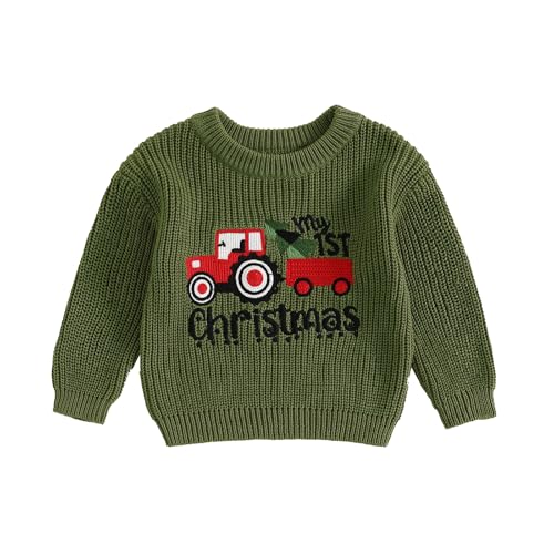 HodJIU Baby Jungen Mädchen Weihnachtspullover Langarm Strickpullover Pullover Neugeborene My First Christmas Outfits Winter Strickwaren Xmas Top (Armeegrün Traktor, 6-9 Monate), Armeegrün Traktor, 74 von HodJIU
