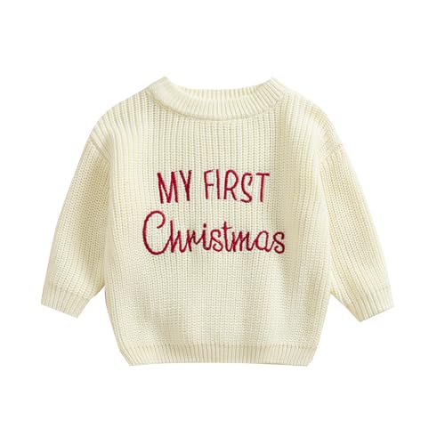 HodJIU Baby Jungen Mädchen Weihnachtspullover Langarm Strickpullover Pullover Neugeborene My First Christmas Outfits Winter Strickwaren Xmas Top (Beige, 0-3 Monate), beige, 0-3 Monate von HodJIU