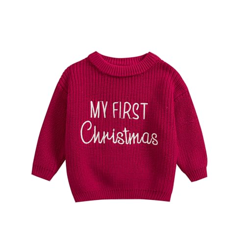 HodJIU Baby Jungen Mädchen Weihnachtspullover Langarm Strickpullover Pullover Neugeborene My First Christmas Outfits Winter Strickwaren Xmas Top (Rot, 9-12 Monate), rot, 80 von HodJIU