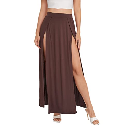 HodJIU Damen Doppel Split Maxi Langer Rock Hohe Taille Damen Einfarbig Zwei Seitenschlitz Röcke Beachwear, khaki, 36 von HodJIU