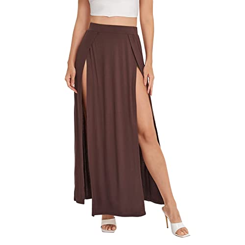 HodJIU Damen Double Split Maxi Long Skirt High Waist Damen Plain Two Side Slit Skirts Beachwear, khaki, S von HodJIU