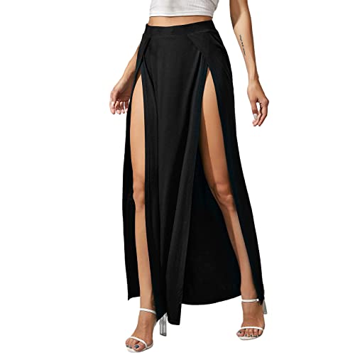 HodJIU Damen Double Split Maxi Langer Rock Hohe Taille Damen Einfarbig Zwei Seiten Schlitz Röcke Beachwear, Schwarz , 36 von HodJIU