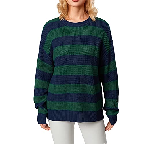 HodJIU Y2K Damen-Pullover, gestreift, langärmelig, Rundhalsausschnitt, Farbblock, lässig, Baggy, Strickpullover, Pullover, Tops, Herbst, Winter, Strickwaren, Streetwear, B-a, S von HodJIU