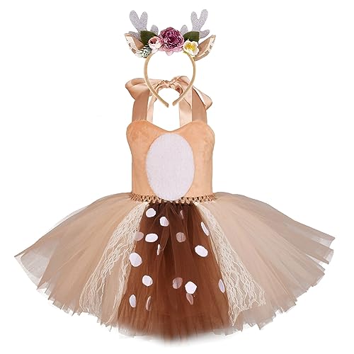 HodJIU Kostüm Rentier Baby Mädchen Prinzessin Kleid ohne Ärmel mit Tutu Rock Tüll + Stirnband Tierkostüm Party Weihnachten Abendkleid Kinder, Hirsch, 7-8 Jahre von HodJIU