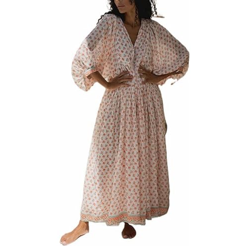HodJIU Maxikleid für Damen, Boho-Stil, Blumenmuster, Puffärmel, fließend, lang, V-Ausschnitt, lockere Passform, Hemdkleid, Bohemian-Stil, gestuftes Sommerkleid, Beigefarbene Laternenärmel, M von HodJIU
