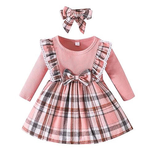 HodJIU Prinzessinnenkleid Baby Mädchen Kariert Rot Langarm Hochzeitskleid Abendkleid Party Weihnachten Kleid Winter Casual + Stirnband, Rosa Schleife, 3-6 Monate von HodJIU