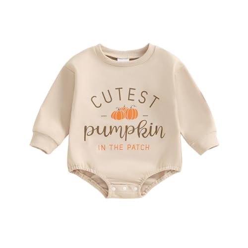 Kleinkind Baby Mädchen Halloween Outfits Kürbis Strampler Langarm Sweatshirt Cute Bubble Jumpsuit Einteiler Bodysuit Baby Herbst Winter Kleidung, Khakifarbener süßester Kürbis im Aufnäher, 12-18 von HodJIU