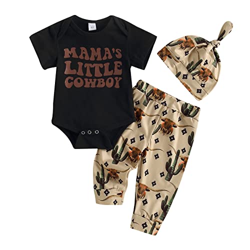 Neugeborenes Baby Jungen Kleidung Brief Druck Langarm Strampler Lange Hose Hut Set 3 Stück Western Cowboy Outfits Herbst Winter Baby Jungen Bekleidungsset, Black Mama's Little Cowboy, 3-6 Months von HodJIU