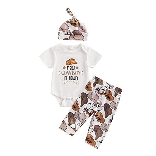 Neugeborenes Baby Jungen Kleidung Brief Druck Langarm Strampler Lange Hose Hut Set 3 Stück Western Cowboy Outfits Herbst Winter Baby Jungen Bekleidungsset, Weißer Hutdruck, 0-3 Months von HodJIU