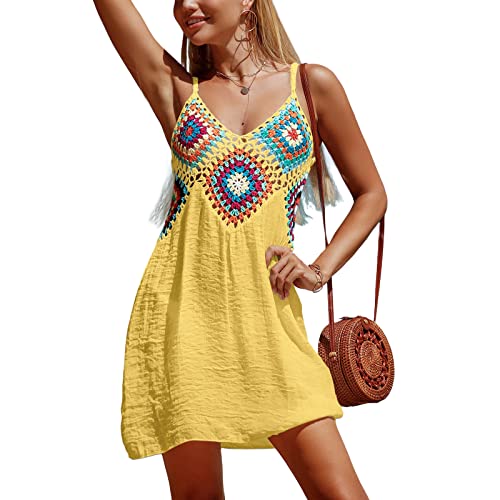 Sarongs Damen Strandkleid Sommer Badeanzug Kleid Häkeln Bohemian Bikini Cover Ups Minikleid Kurz Casual, gelb, onesize von HodJIU