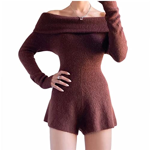 Schulterfreier Strampler für Damen, einfarbig, langärmelig, gestrickt, einteilig, lässig, kurzer Playsuit, Herbst, Streetwear, coffee, 42 von HodJIU