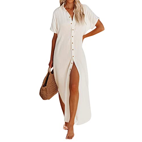 Strandkleid Damen Langes Hemd Strand Knopfleiste Kimono Tunika Strand Sommer Bikini Abdeckung Bademode und Sarongs Badeanzug V-Ausschnitt Beachwear, aprikose, Small von HodJIU