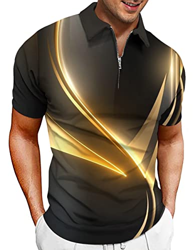 Hodaweisolp 3D-Polo-Shirts für Herren Grafik Kurzarm Casual Reißverschluss Golf Polo Print Tops, Z-Gold 3D-Druck, XL von Hodaweisolp
