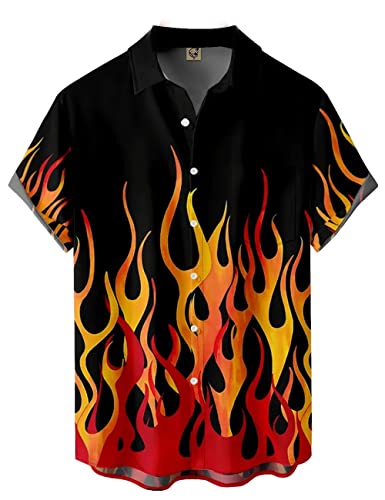 Hodaweisolp Herren Casual Kurzarm Button-Down Bowling Sommer Lose Hawaii Strand Shirts, Z-Flammenmuster, XX-Large von Hodaweisolp