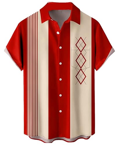 Hodaweisolp Herren Casual Kurzarm Button Down Bowling Sommer Lose Hawaii-Strandhemden, Rot geometrisch, XL von Hodaweisolp