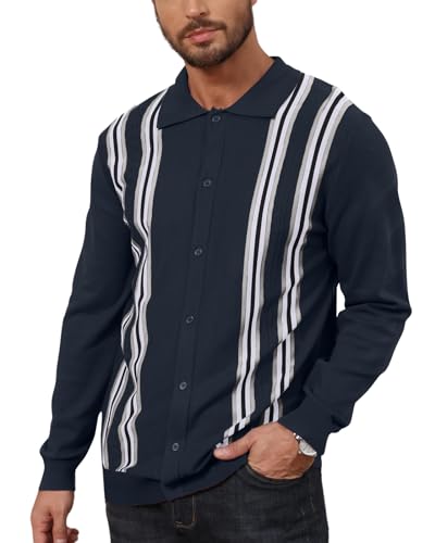 Herren Langarm Strick Knit Polo Shirts Vintage Sweatshirt Gestreifte Button Down Gym Golf Shirts Blau XL von Hoefirm
