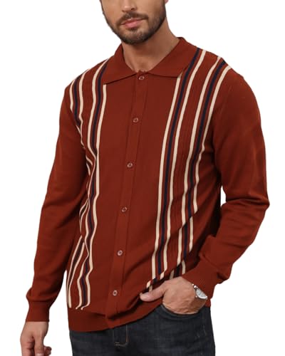 Herren Langarm Strick Knit Polo Shirts Vintage Sweatshirt Gestreifte Button Down Gym Golf Shirts Braun M von Hoefirm