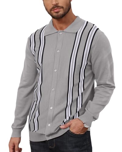 Herren Langarm Strick Knit Polo Shirts Vintage Sweatshirt Gestreifte Button Down Gym Golf Shirts Grau XL von Hoefirm