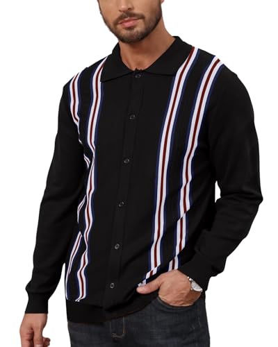 Herren Langarm Strick Knit Polo Shirts Vintage Sweatshirt Gestreifte Button Down Gym Golf Shirts Schwarz 3XL von Hoefirm