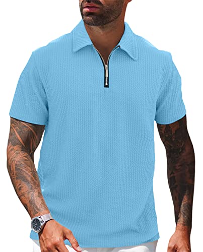 Herren Poloshirt Golf Kurzarm Reißverschluss Hals Basic T-Shirt Tennis Sport Poloshirt Casual Baumwolle Top Arbeitskleidung, blau, 3XL von Hoefirm